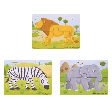 Bigjigs Toys Wooden Safari Animal Puzzles Set of 3 Educational Jigsaw Puzzles for Toddlers