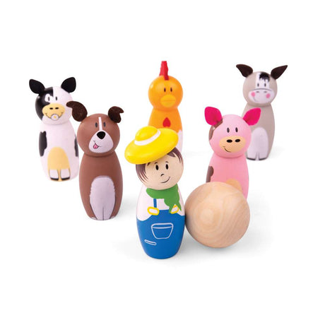 Bigjigs Toys Wooden Farm Skittles Animal Bowling Set for Kids 7 Pieces