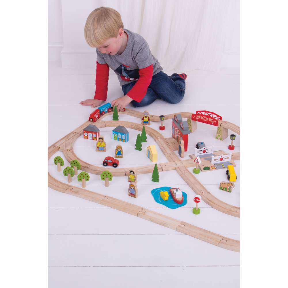 Bigjigs Rail Town and Country Wooden Train Set 91 Play Pieces