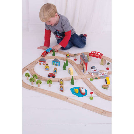 Bigjigs Rail Town and Country Wooden Train Set 91 Play Pieces