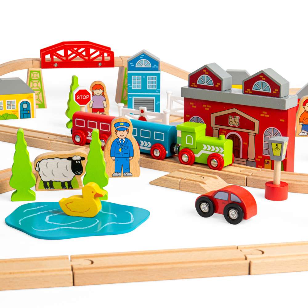 Bigjigs Rail Town and Country Wooden Train Set 91 Play Pieces