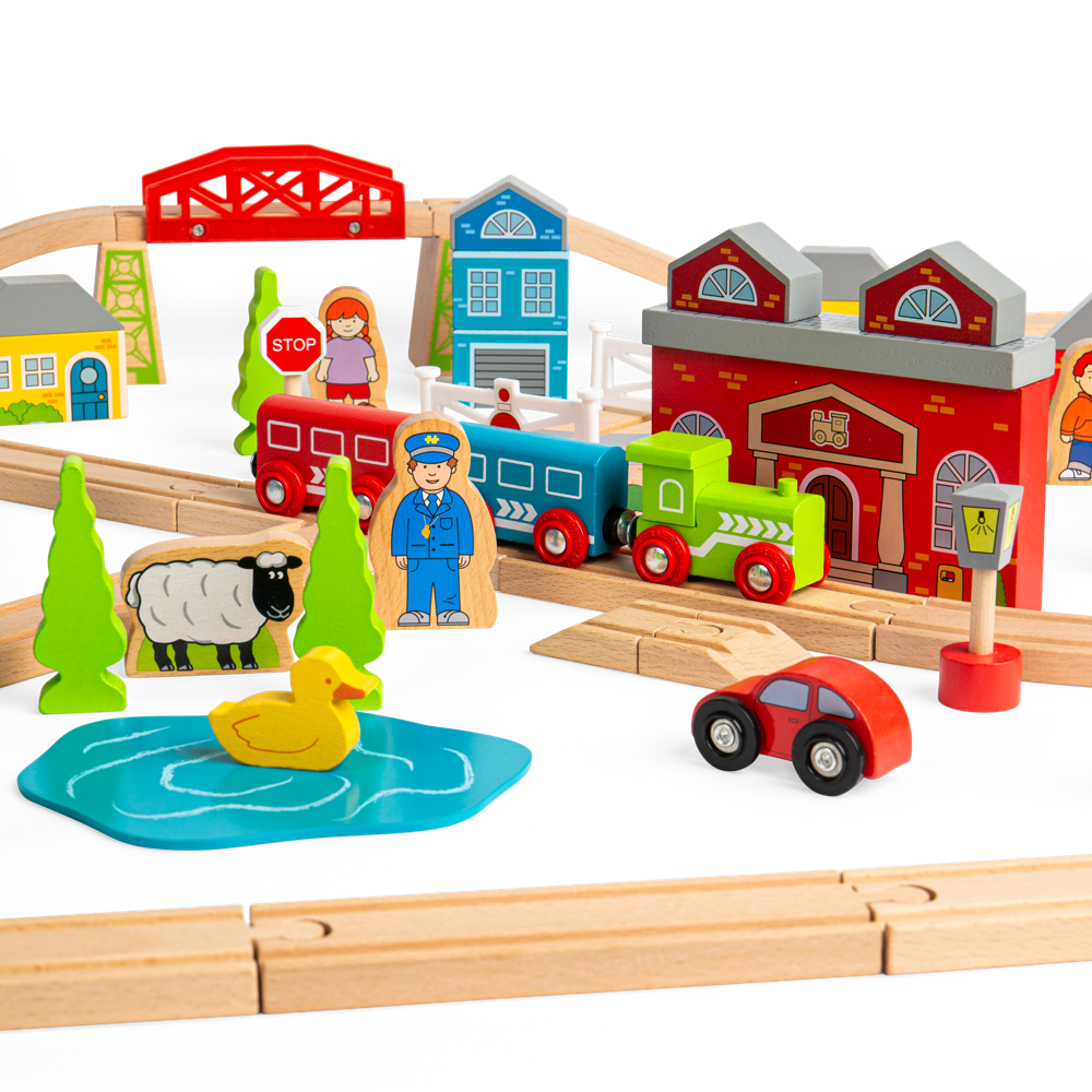 Bigjigs Rail Town and Country Wooden Train Set 91 Play Pieces
