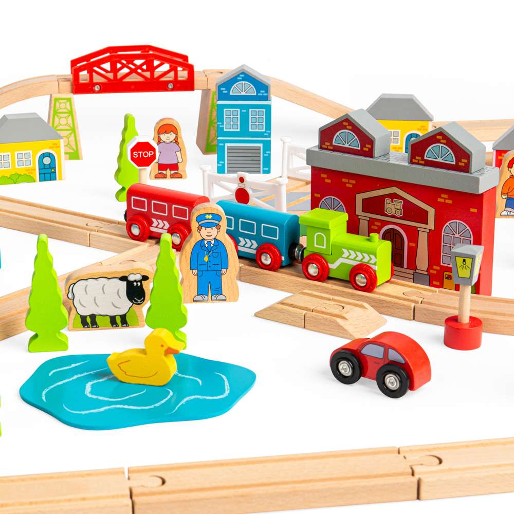 Bigjigs Rail Town and Country Wooden Train Set 91 Play Pieces