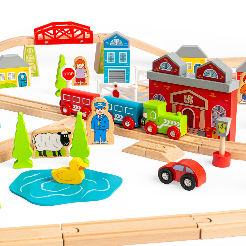 Bigjigs Rail Town and Country Wooden Train Set 91 Play Pieces