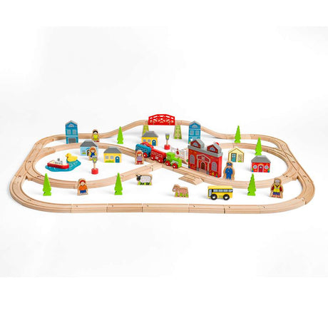 Bigjigs Rail Town and Country Wooden Train Set 91 Play Pieces