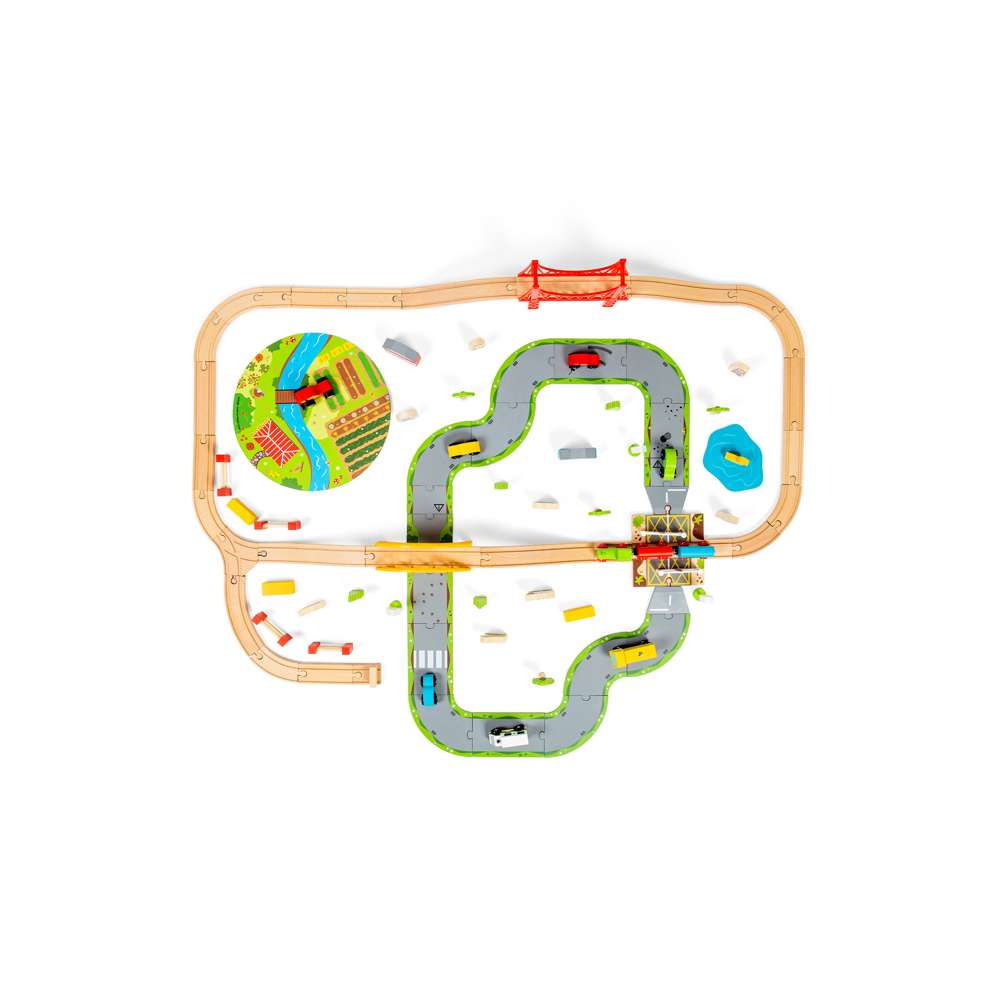 Bigjigs Rail Road and Rail Wooden Train Set 90 Piece Kids Toy Railway with Level Crossing and Accessories