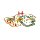 Bigjigs Rail Road and Rail Wooden Train Set 90 Piece Kids Toy Railway with Level Crossing and Accessories