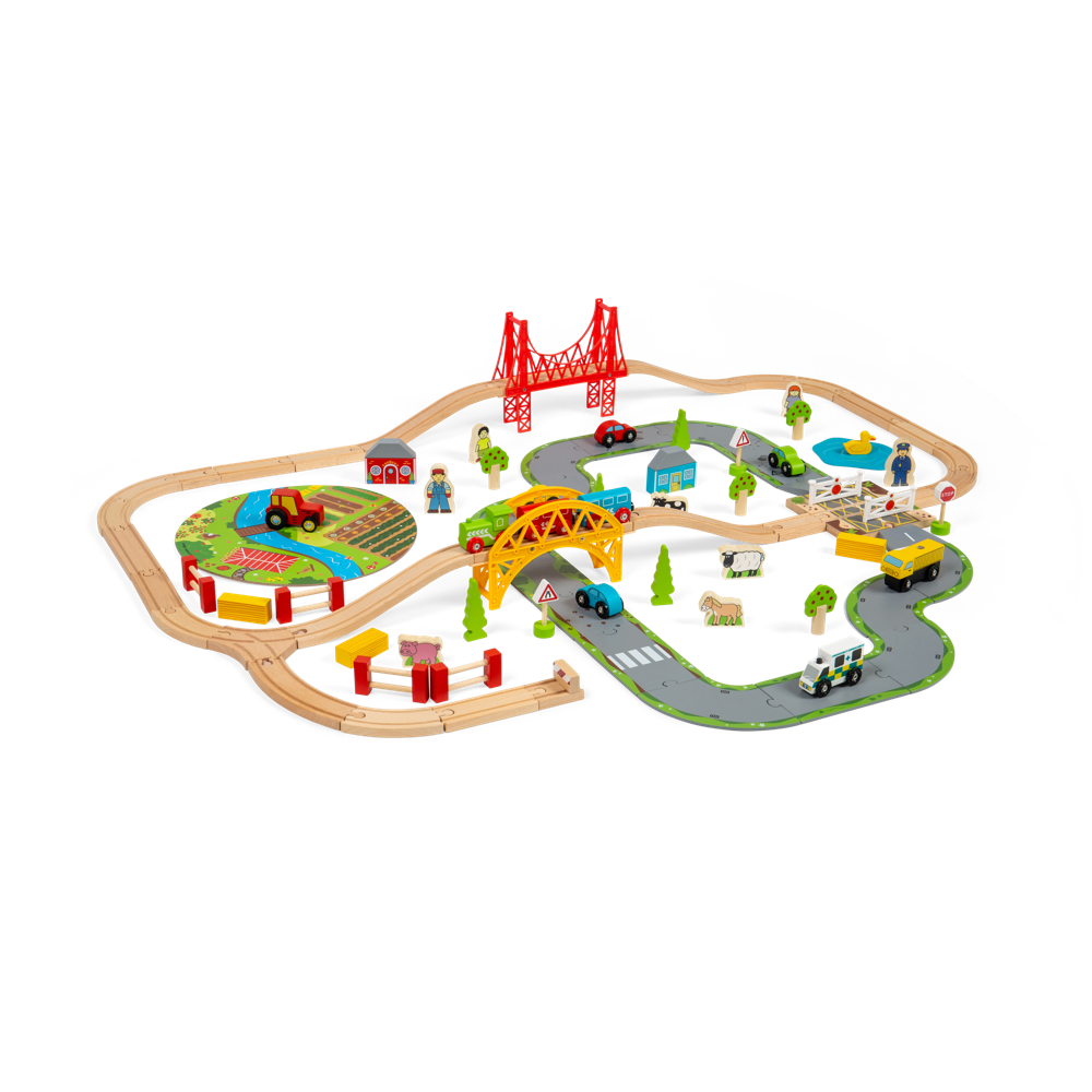 Bigjigs Rail Road and Rail Wooden Train Set 90 Piece Kids Toy Railway with Level Crossing and Accessories