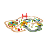 Bigjigs Rail Road and Rail Wooden Train Set 90 Piece Kids Toy Railway with Level Crossing and Accessories