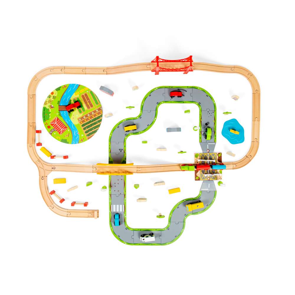 Bigjigs Rail Road and Rail Wooden Train Set 90 Piece Kids Toy Railway with Level Crossing and Accessories
