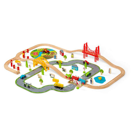 Bigjigs Rail Road and Rail Wooden Train Set 90 Piece Kids Toy Railway with Level Crossing and Accessories