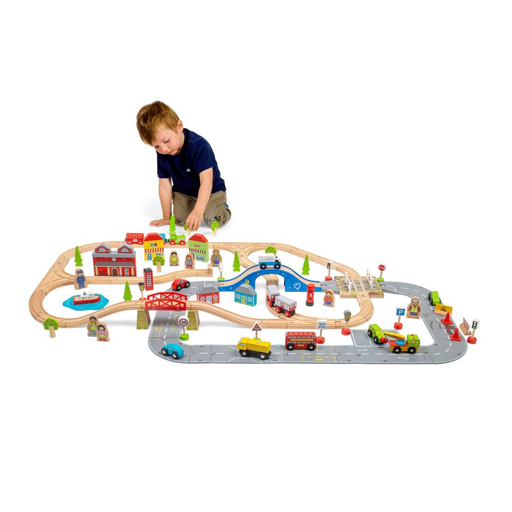 Bigjigs Rail City Road and Railway Wooden Train Set 105 Pieces
