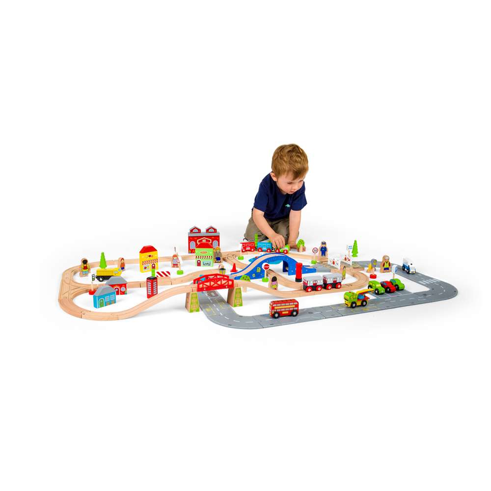Bigjigs Rail City Road and Railway Wooden Train Set 105 Pieces