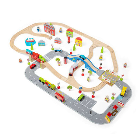 Bigjigs Rail City Road and Railway Wooden Train Set 105 Pieces