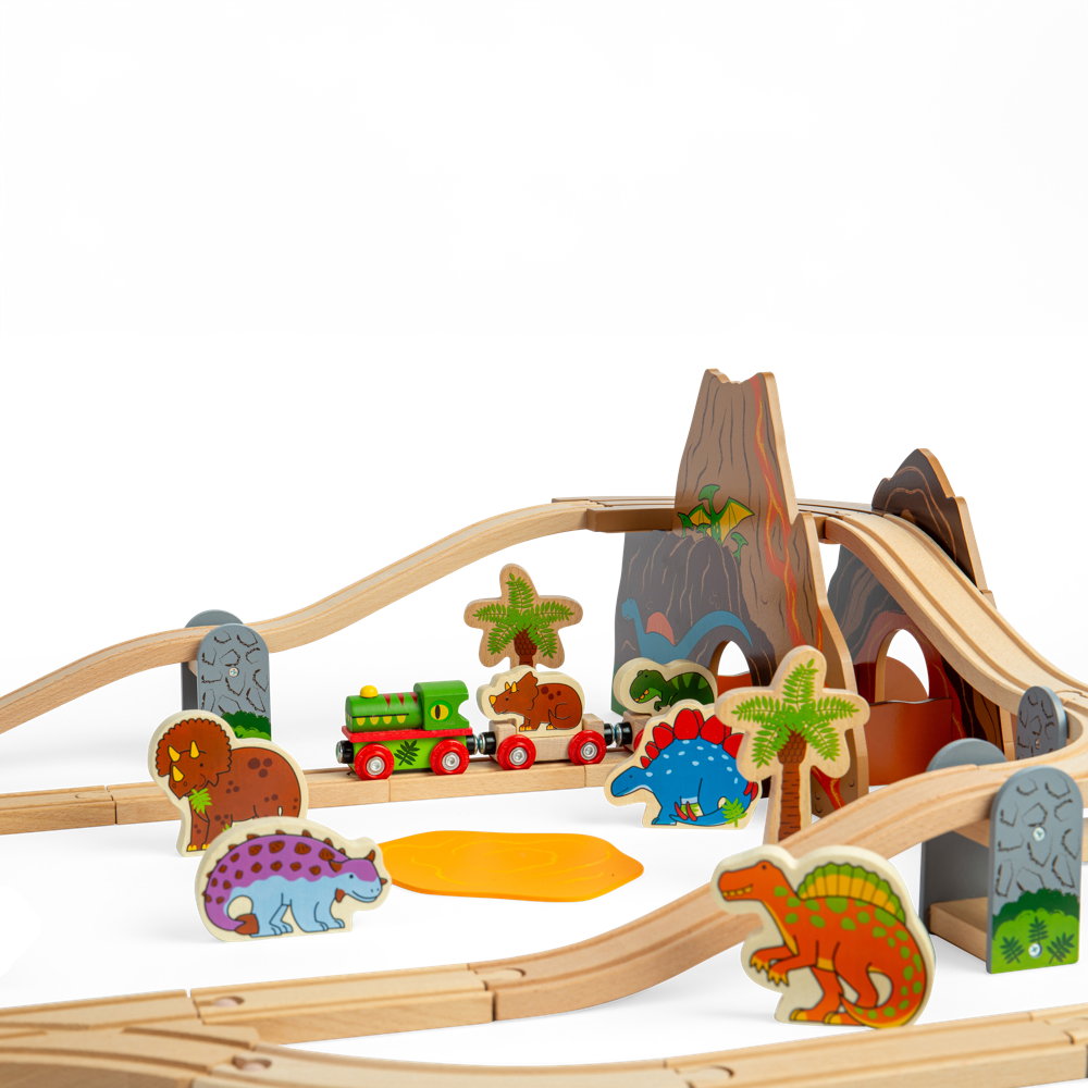 Bigjigs Rail Dinosaur Train Set 49 Piece Wooden Railway with Track and Accessories