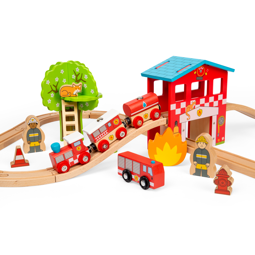Bigjigs Rail Fire and Rescue Wooden Train Set with 39 Play Pieces