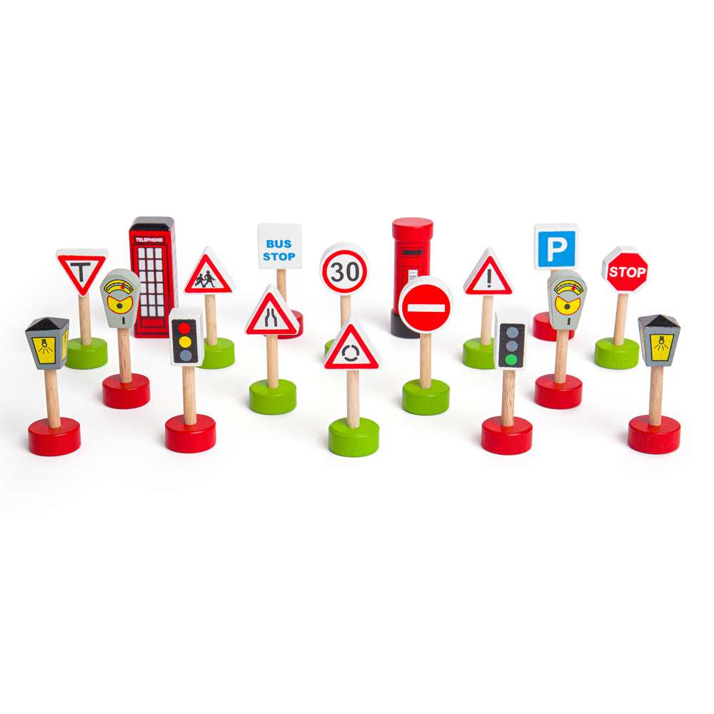 Bigjigs Rail Wooden Road Signs and Accessories Pack 18 Pieces