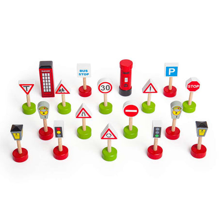 Bigjigs Rail Wooden Road Signs and Accessories Pack 18 Pieces