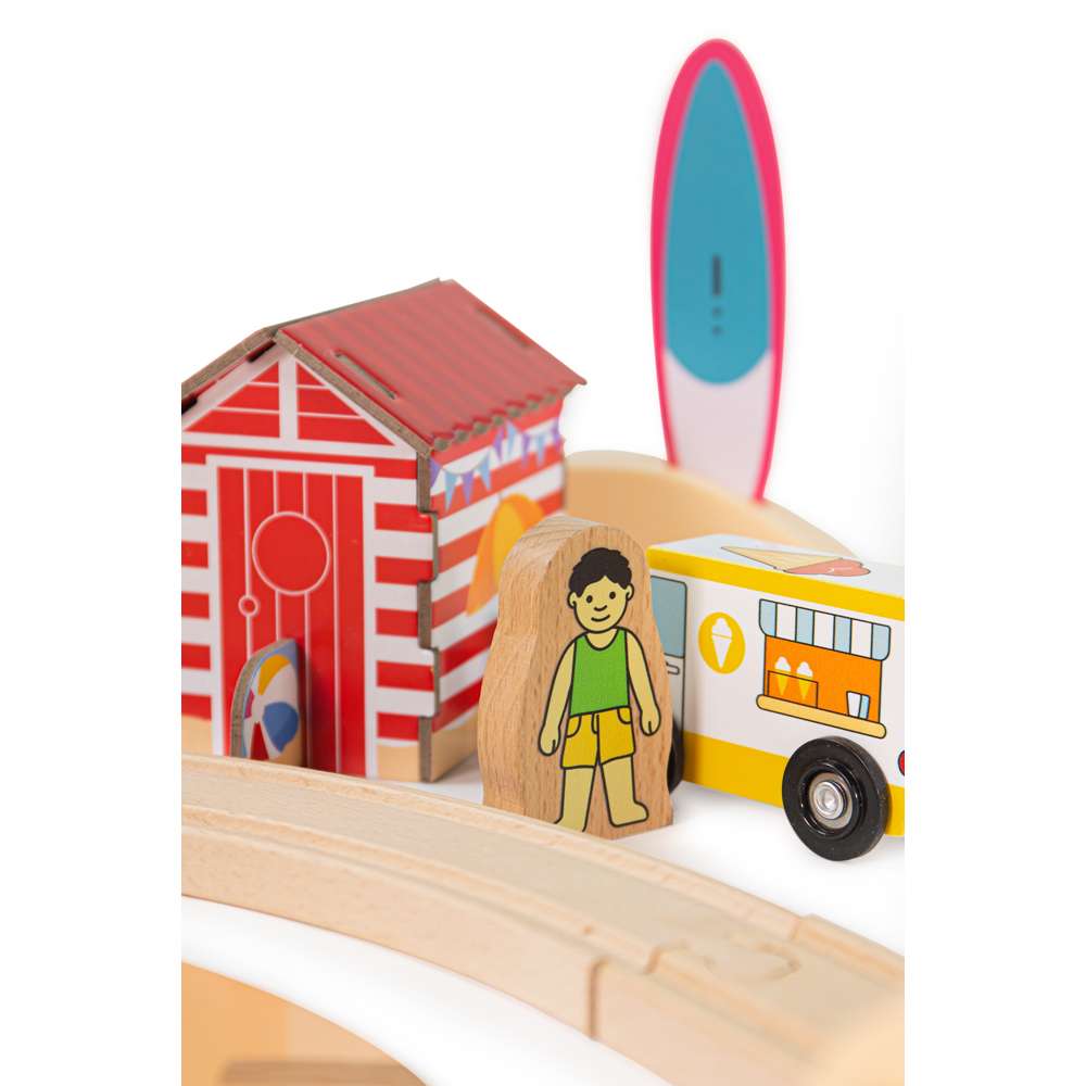Bigjigs Rail Coastal Clean Up Wooden Train Set with 70 Play Pieces and Recycling Book