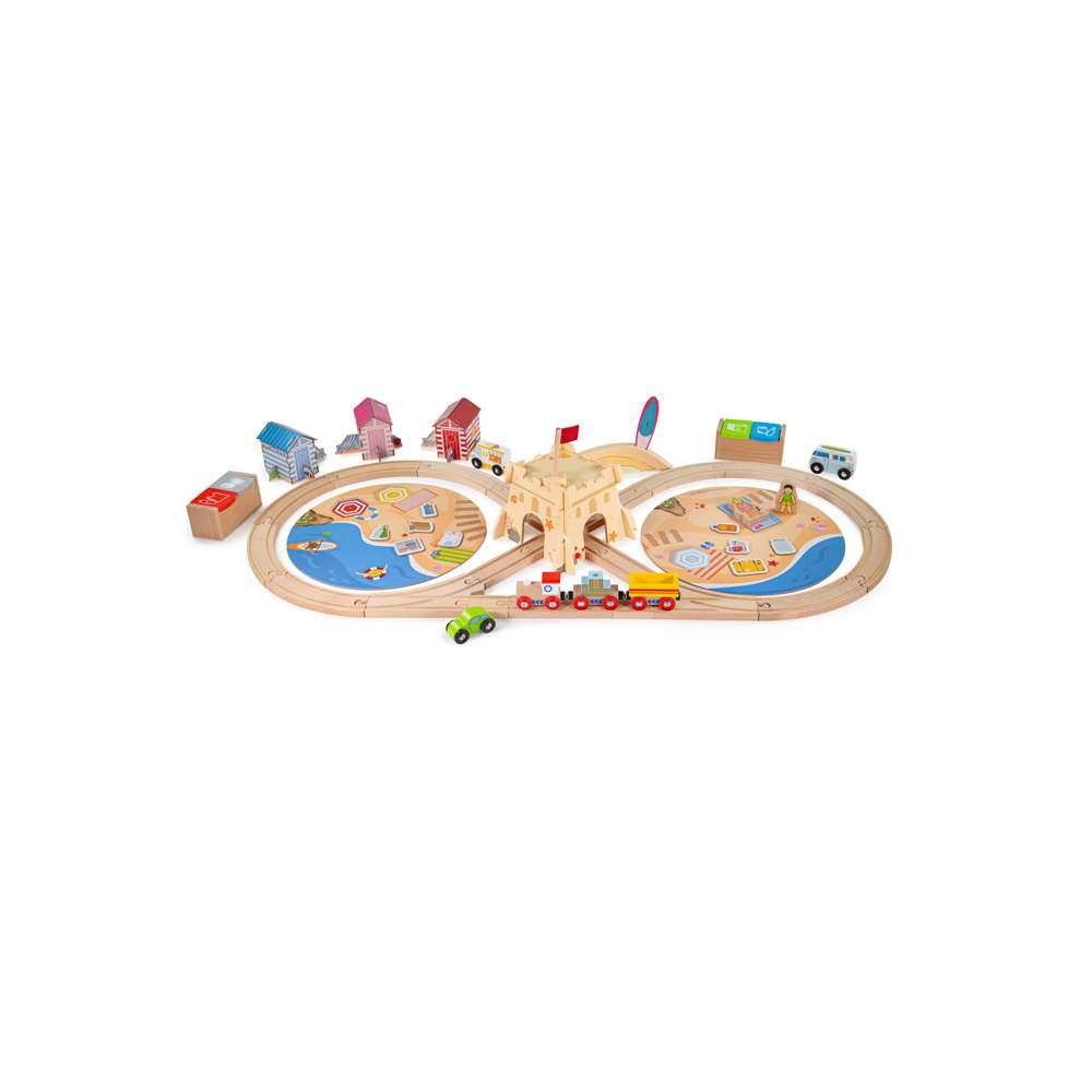 Bigjigs Rail Coastal Clean Up Wooden Train Set with 70 Play Pieces and Recycling Book