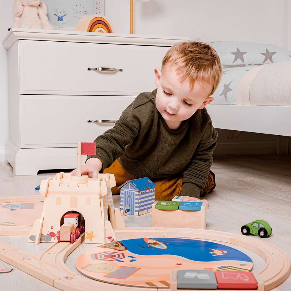 Bigjigs Rail Coastal Clean Up Wooden Train Set with 70 Play Pieces and Recycling Book