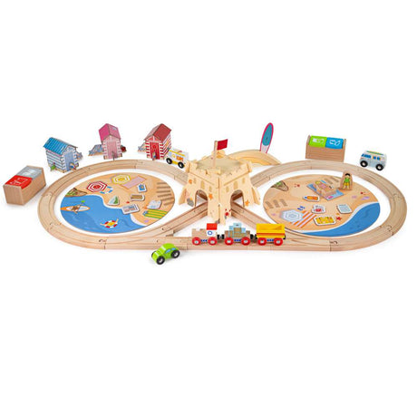 Bigjigs Rail Coastal Clean Up Wooden Train Set with 70 Play Pieces and Recycling Book