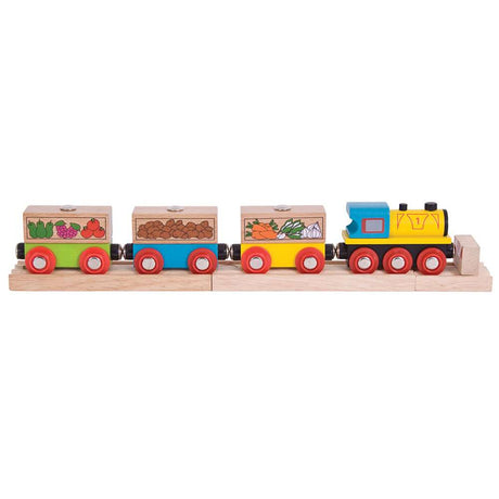 Bigjigs Rail Fruit and Veg Wooden Train Toy with 3 Carriages and 9 Play Pieces
