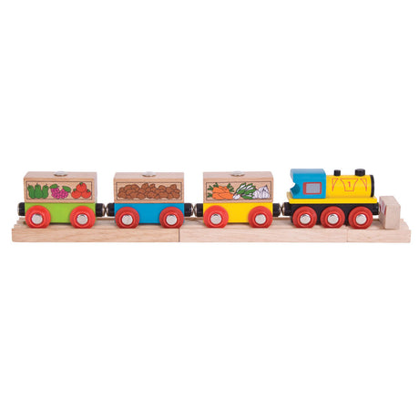 Bigjigs Rail Fruit and Veg Wooden Train Toy with 3 Carriages and 9 Play Pieces