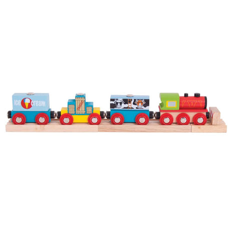 Bigjigs Rail Wooden Goods Train with 3 Carriages and Detachable Loads 9 Piece Set