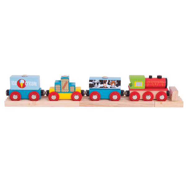 Bigjigs Rail Wooden Goods Train with 3 Carriages and Detachable Loads 9 Piece Set