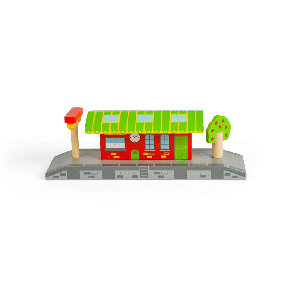 Bigjigs Rail Village Station Wooden Railway Accessory with Two Platforms for Toy Train Sets