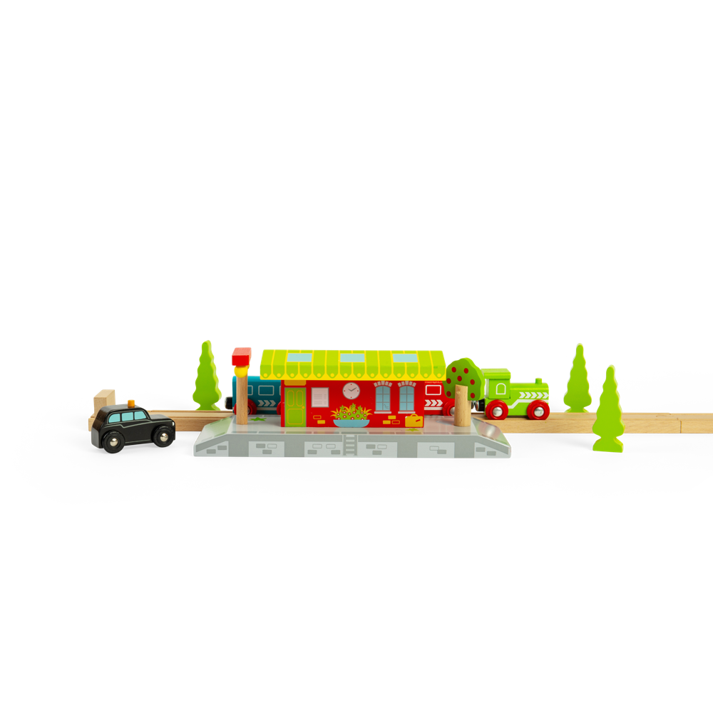 Bigjigs Rail Village Station Wooden Railway Accessory with Two Platforms for Toy Train Sets