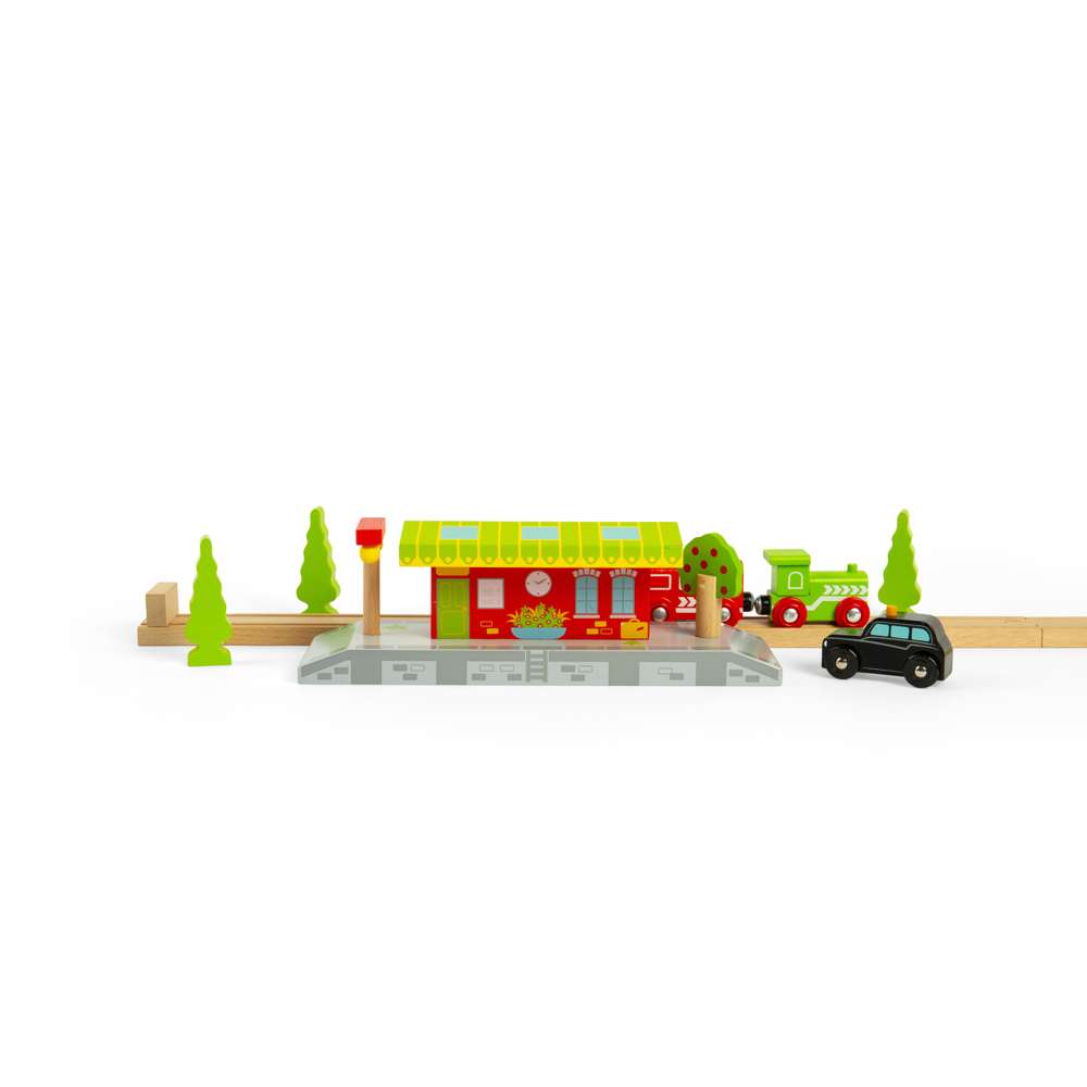 Bigjigs Rail Village Station Wooden Railway Accessory with Two Platforms for Toy Train Sets