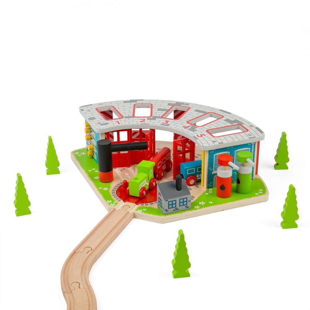 Bigjigs Rail Five Way Engine Shed Wooden Train Set Accessory with Turntable