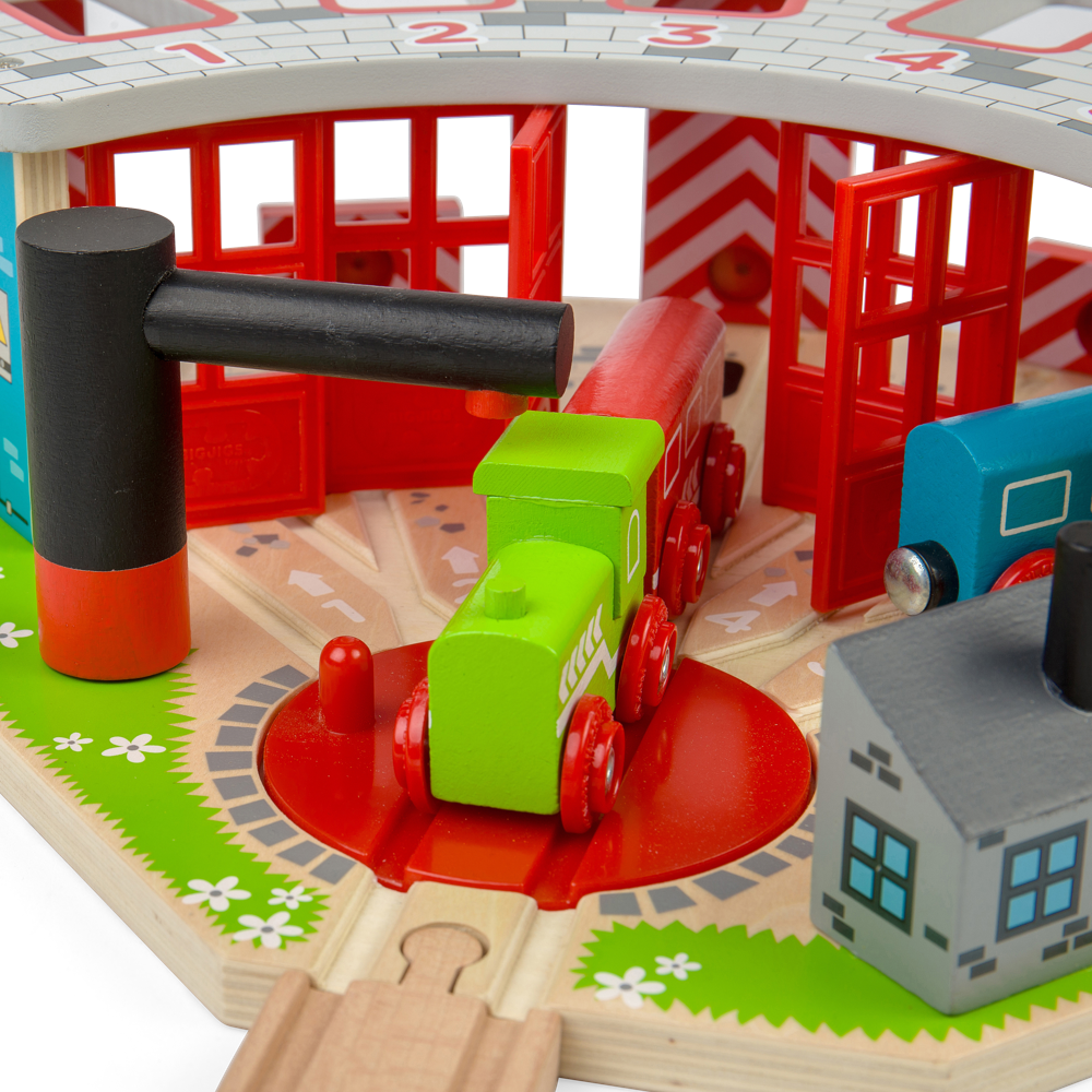 Bigjigs Rail Five Way Engine Shed Wooden Train Set Accessory with Turntable