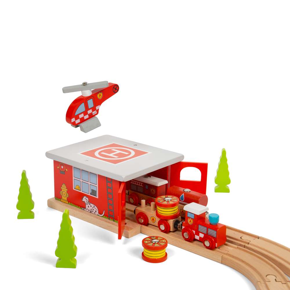 Bigjigs Rail Wooden Fire Station Shed with Helicopter and Helipad Train Accessory