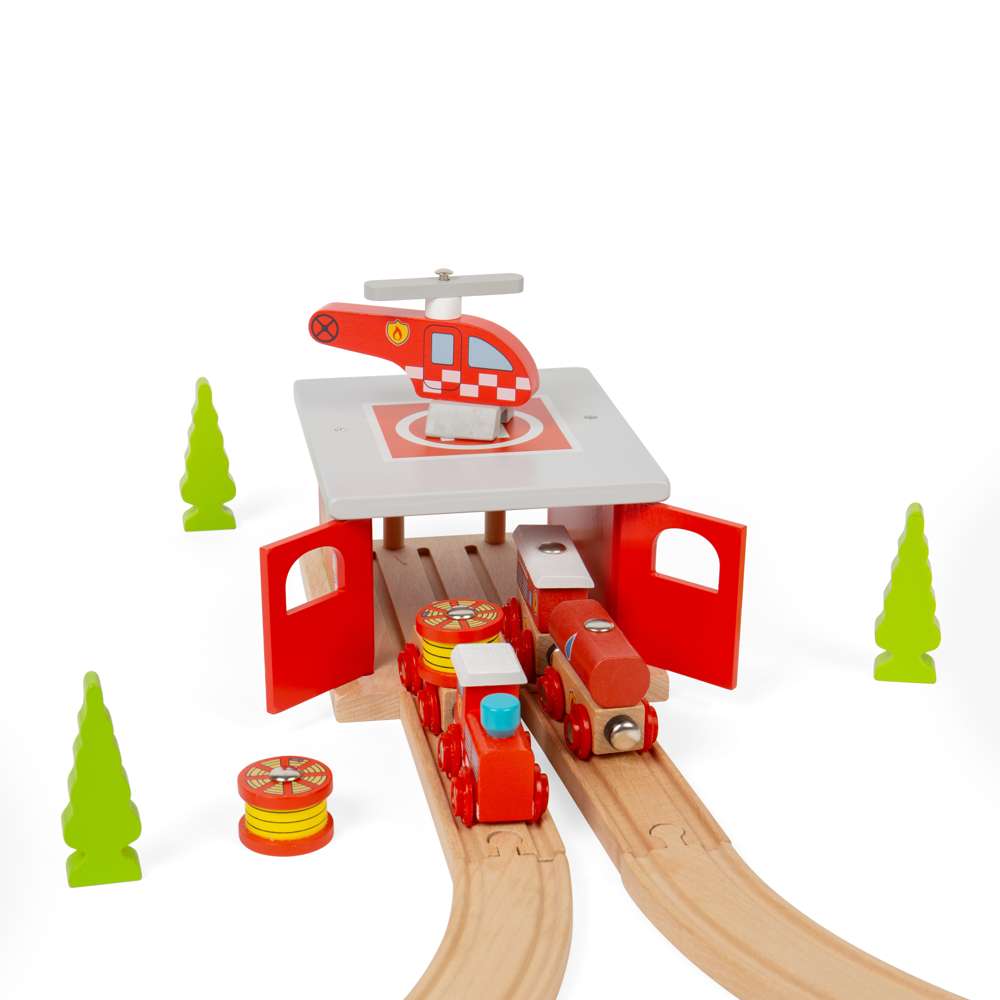 Bigjigs Rail Wooden Fire Station Shed with Helicopter and Helipad Train Accessory