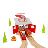 Bigjigs Rail Wooden Fire Station Shed with Helicopter and Helipad Train Accessory