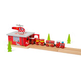 Bigjigs Rail Wooden Fire Station Shed with Helicopter and Helipad Train Accessory
