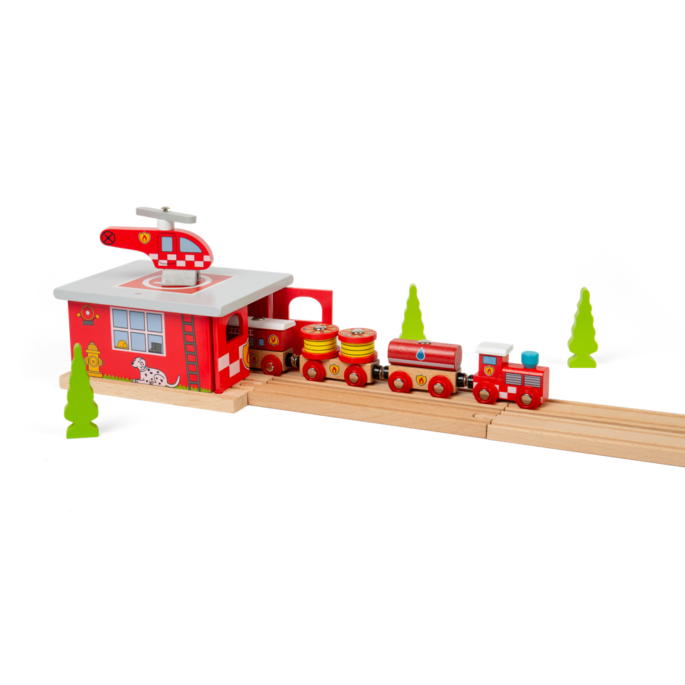 Bigjigs Rail Wooden Fire Station Shed with Helicopter and Helipad Train Accessory