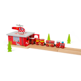 Bigjigs Rail Wooden Fire Station Shed with Helicopter and Helipad Train Accessory
