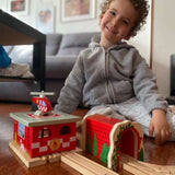 Bigjigs Rail Wooden Fire Station Shed with Helicopter and Helipad Train Accessory