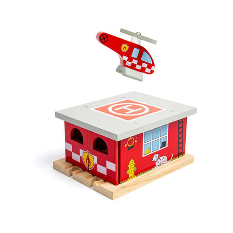 Bigjigs Rail Wooden Fire Station Shed with Helicopter and Helipad Train Accessory