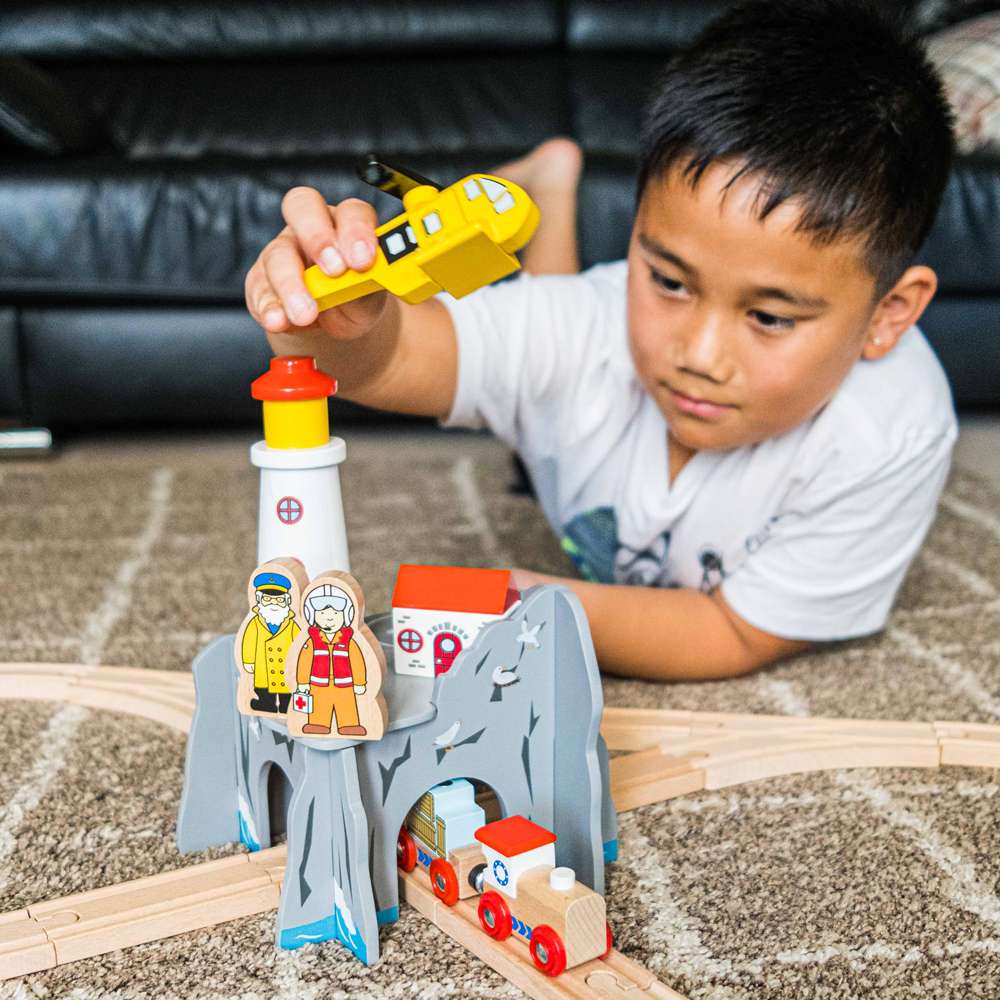 Bigjigs Rail Lighthouse 4-Way Wooden Train Tunnel with Rescue Helicopter and Accessories