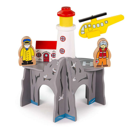 Bigjigs Rail Lighthouse 4-Way Wooden Train Tunnel with Rescue Helicopter and Accessories