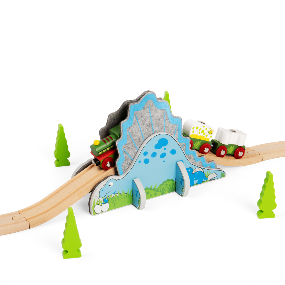 Bigjigs Rail Dino Riser Tunnel 2 in 1 Wooden Railway Accessory for Kids Train Sets