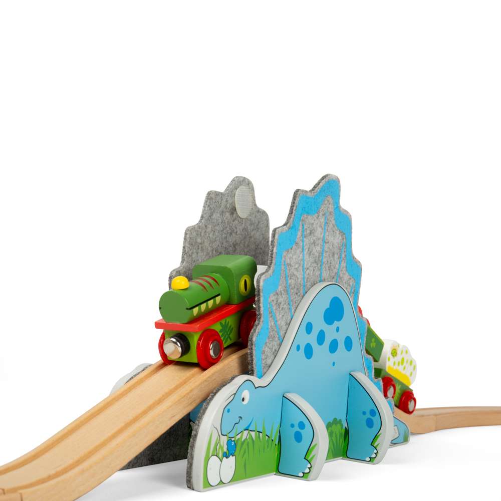 Bigjigs Rail Dino Riser Tunnel 2 in 1 Wooden Railway Accessory for Kids Train Sets