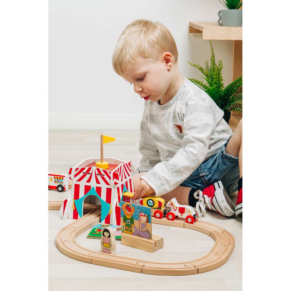 Bigjigs Rail Fun Fair Train Set Wooden Railway 54 Piece Toy for Ages 3 Plus