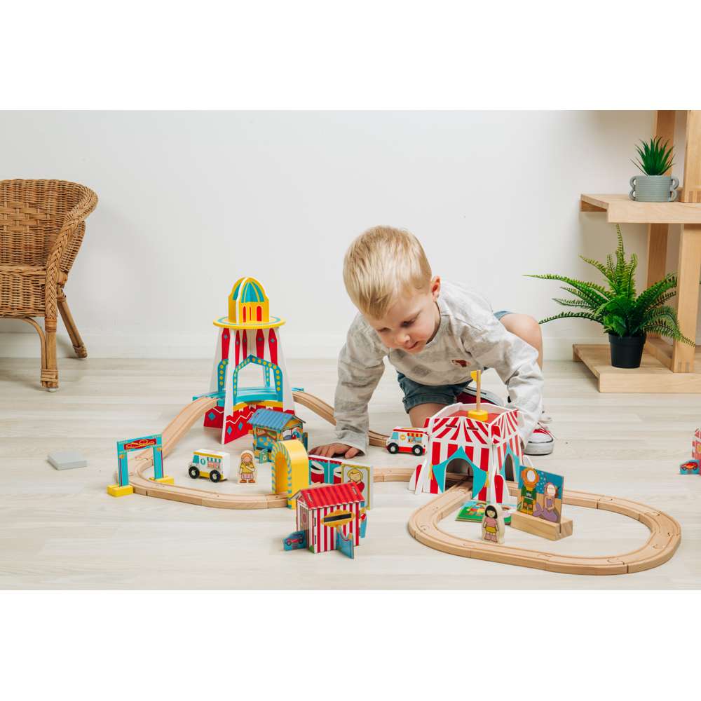 Bigjigs Rail Fun Fair Train Set Wooden Railway 54 Piece Toy for Ages 3 Plus