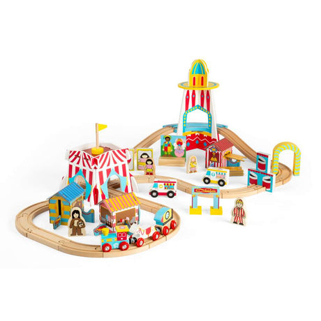 Bigjigs Rail Fun Fair Train Set Wooden Railway 54 Piece Toy for Ages 3 Plus